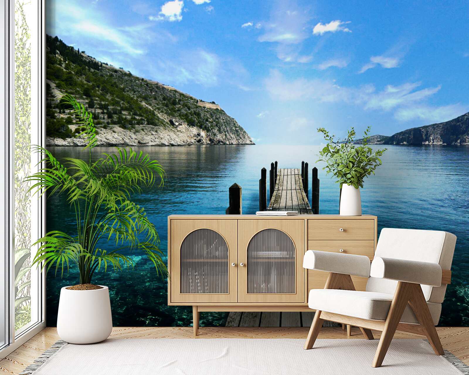 Fototapet pe fundalul cerului, al munților și al râului se poate vedea podul de pontoane