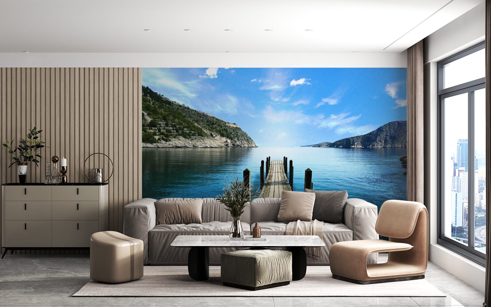 Fototapet pe fundalul cerului, al munților și al râului se poate vedea podul de pontoane