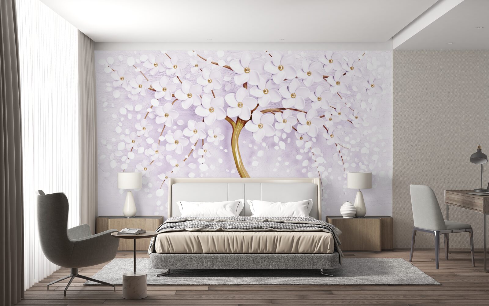 Fototapet copac cu flori albe mici