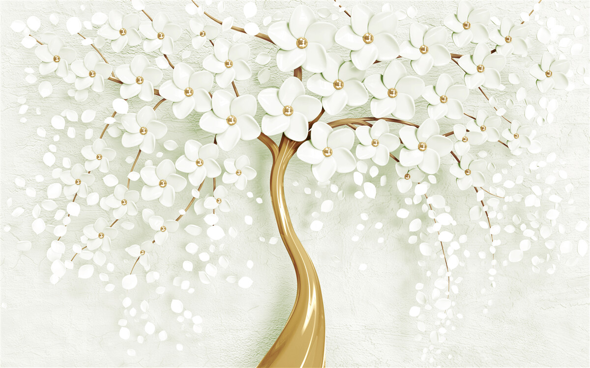 Fototapet copac cu flori albe ca zăpada care înfloresc vara