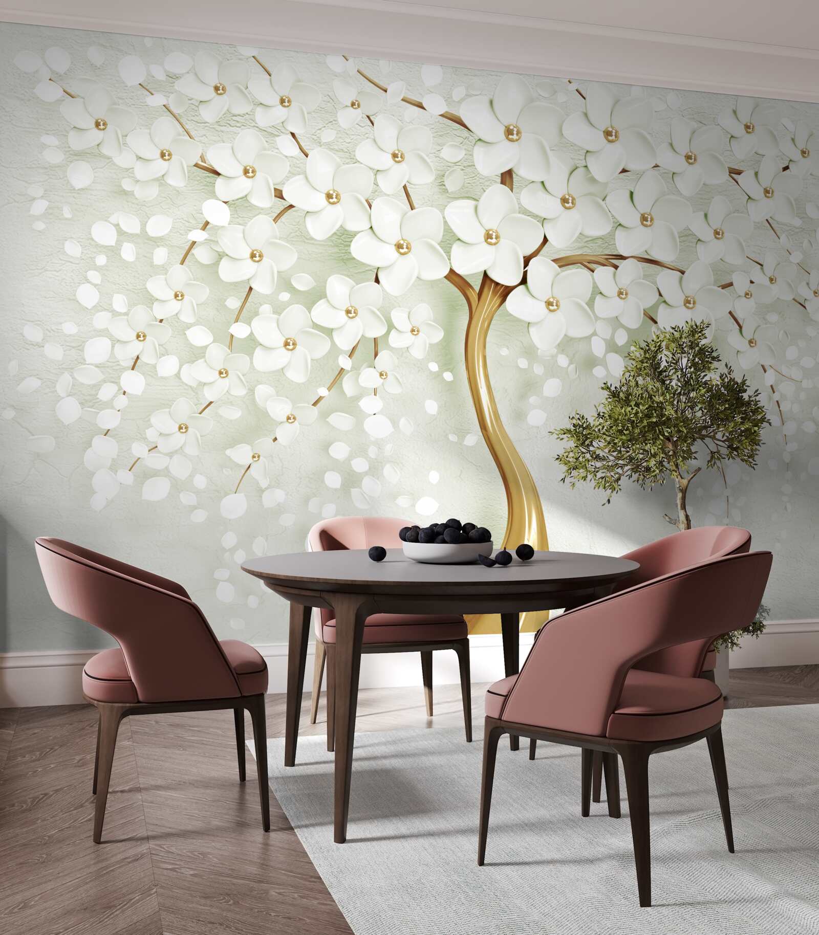 Fototapet copac cu flori albe ca zăpada care înfloresc vara