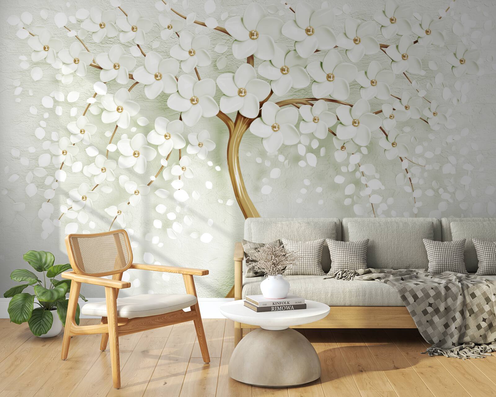 Fototapet copac cu flori albe ca zăpada care înfloresc vara