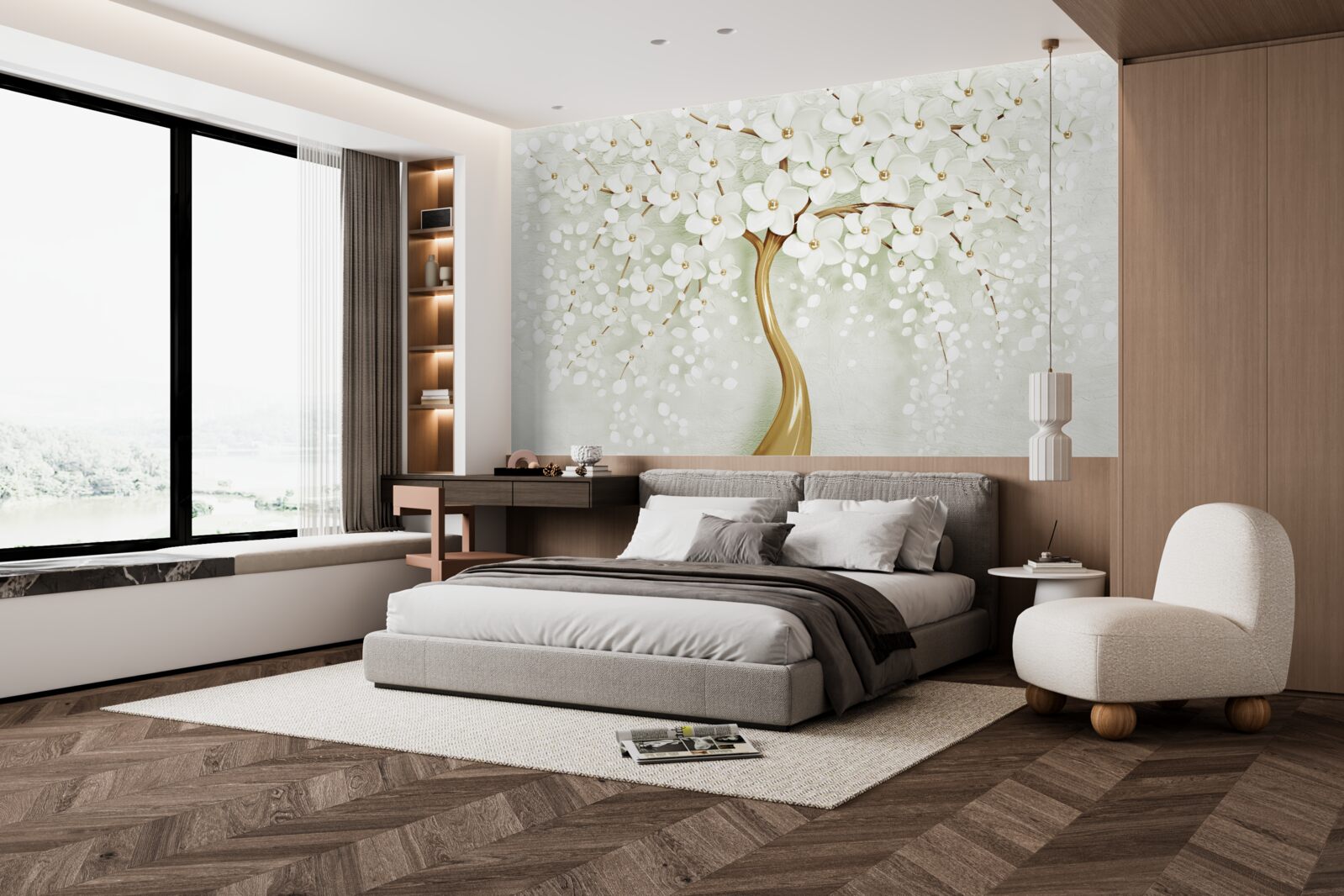 Fototapet copac cu flori albe ca zăpada care înfloresc vara