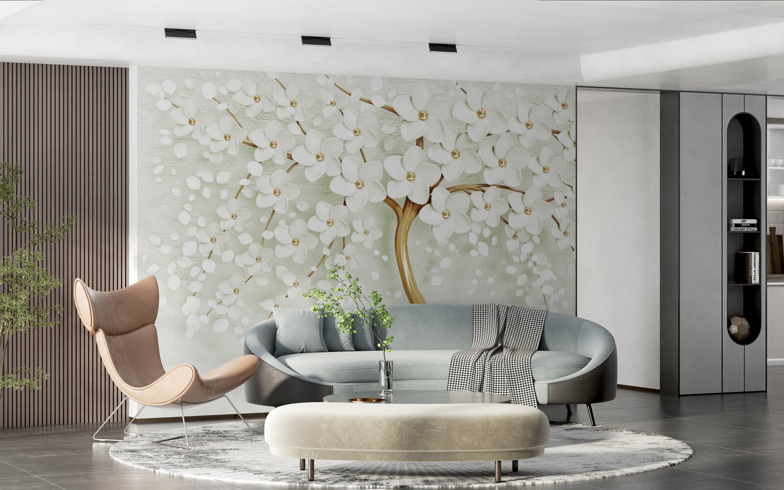 Fototapet copac cu flori albe ca zăpada care înfloresc vara