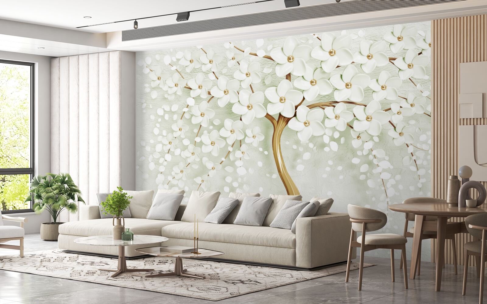 Fototapet copac cu flori albe ca zăpada care înfloresc vara