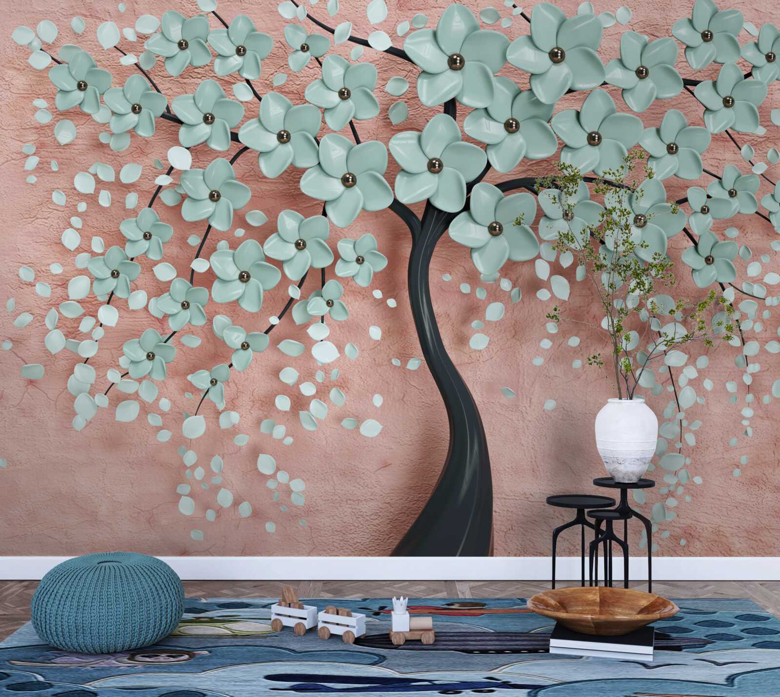 Fototapet copac cu flori albastre