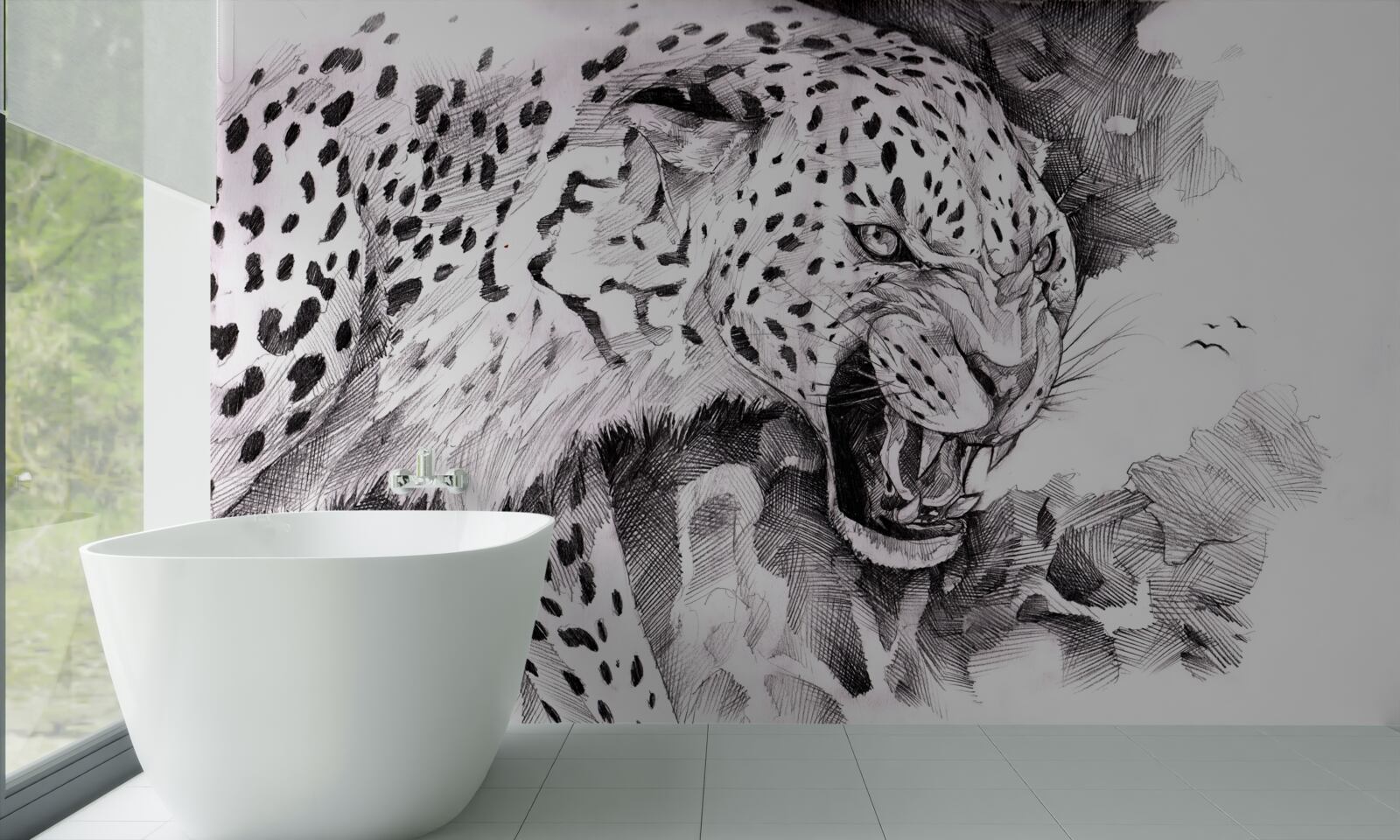 Fototapet leopard agresiv în alb și negru