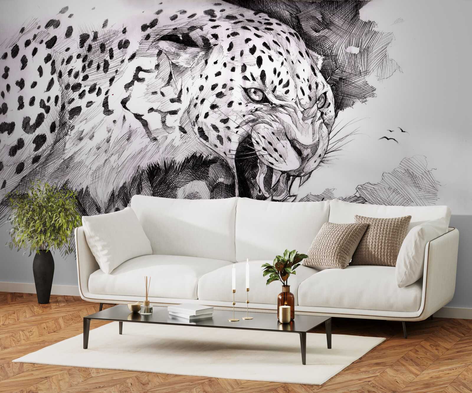 Fototapet leopard agresiv în alb și negru