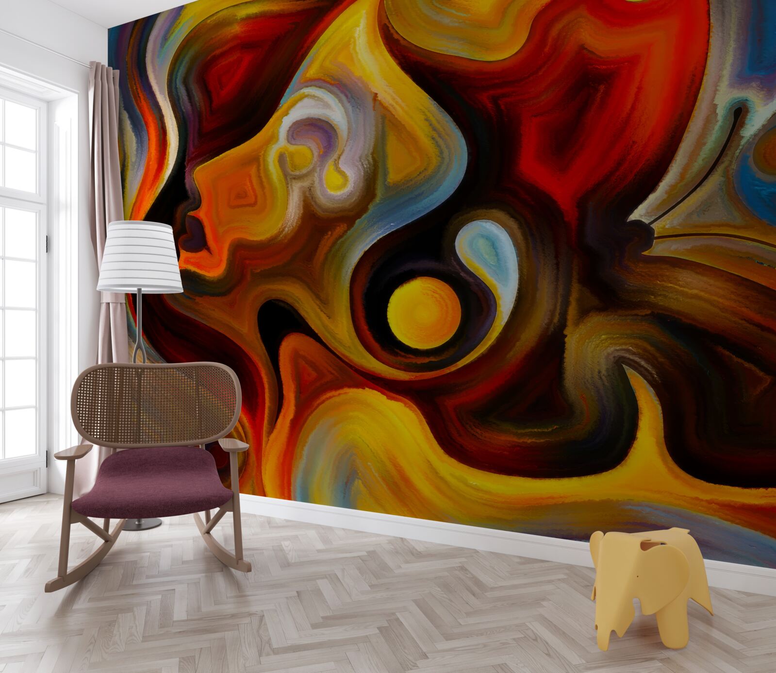 Fototapet silueta unei fete și a unui fluture în culori luminoase