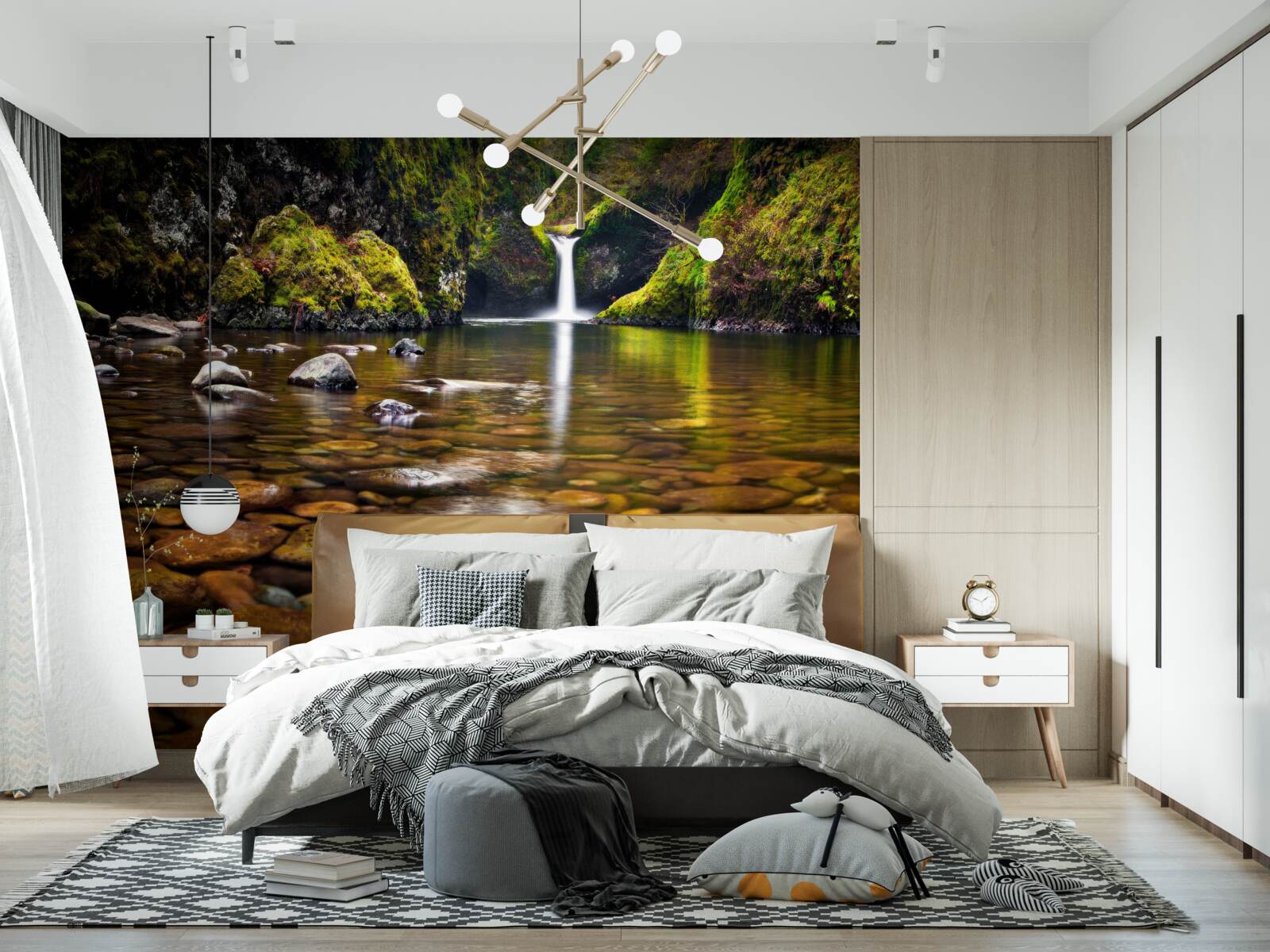 Fototapet o frunză care a căzut pe suprafața apei în munți