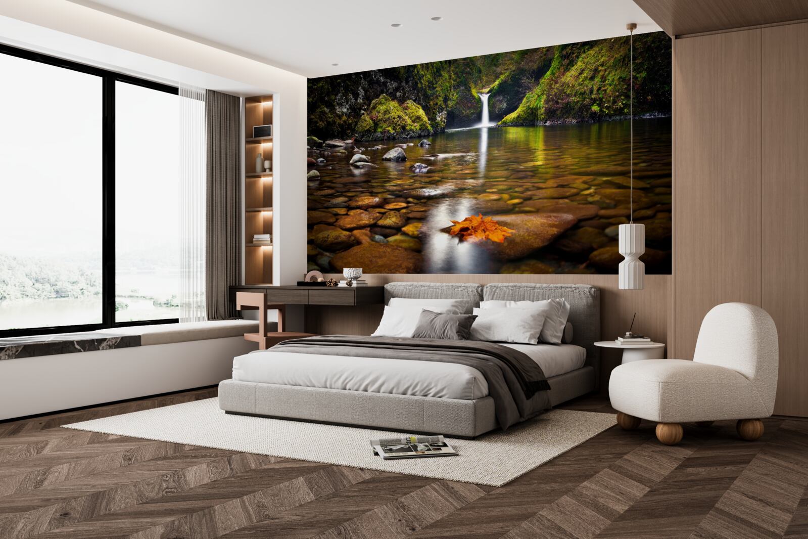 Fototapet o frunză care a căzut pe suprafața apei în munți