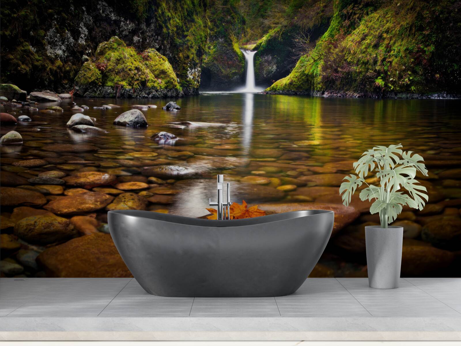 Fototapet o frunză care a căzut pe suprafața apei în munți