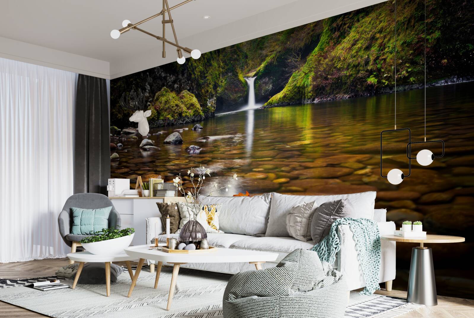 Fototapet o frunză care a căzut pe suprafața apei în munți