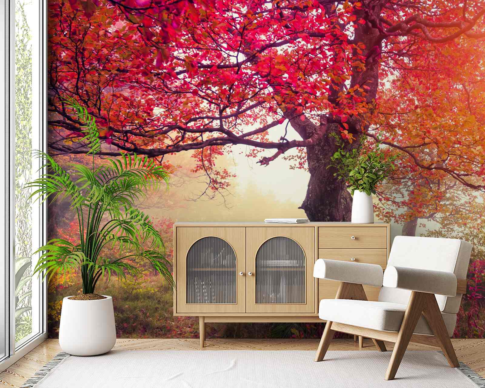 Fototapet copaci înfloriți în mijlocul unei păduri cețoase