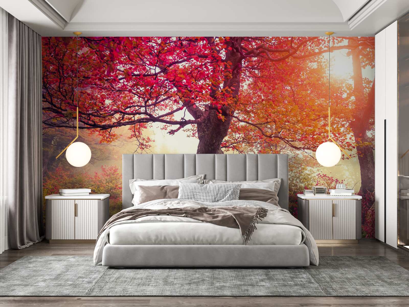 Fototapet copaci înfloriți în mijlocul unei păduri cețoase