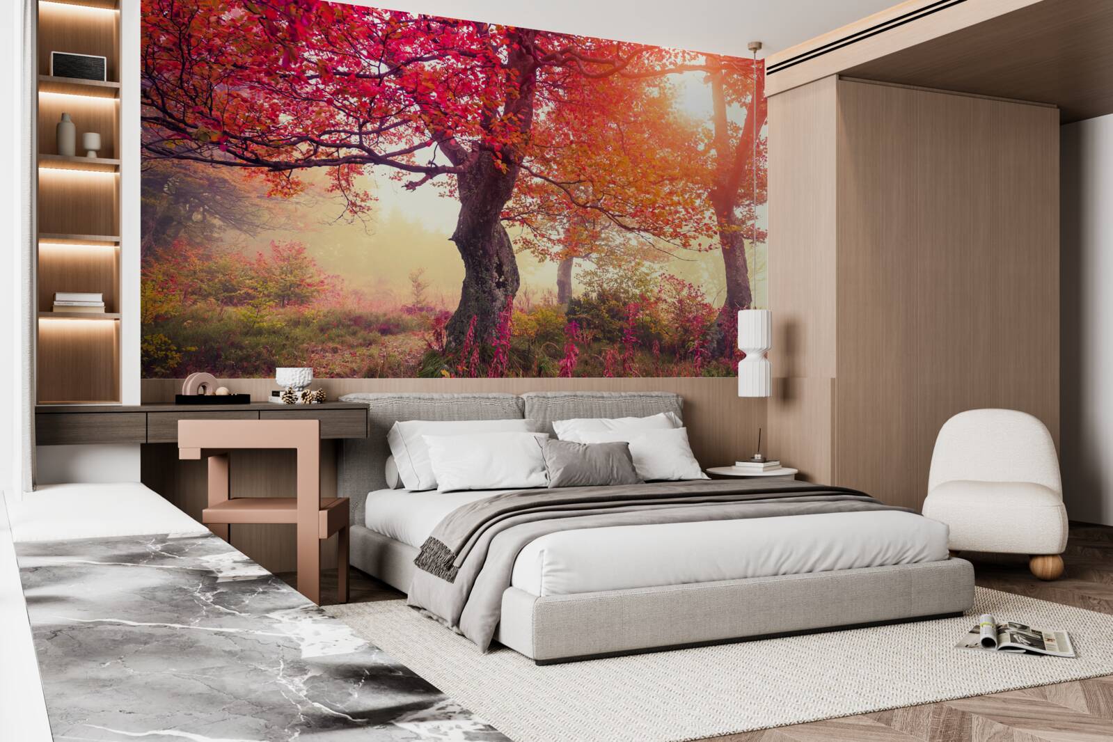 Fototapet copaci înfloriți în mijlocul unei păduri cețoase