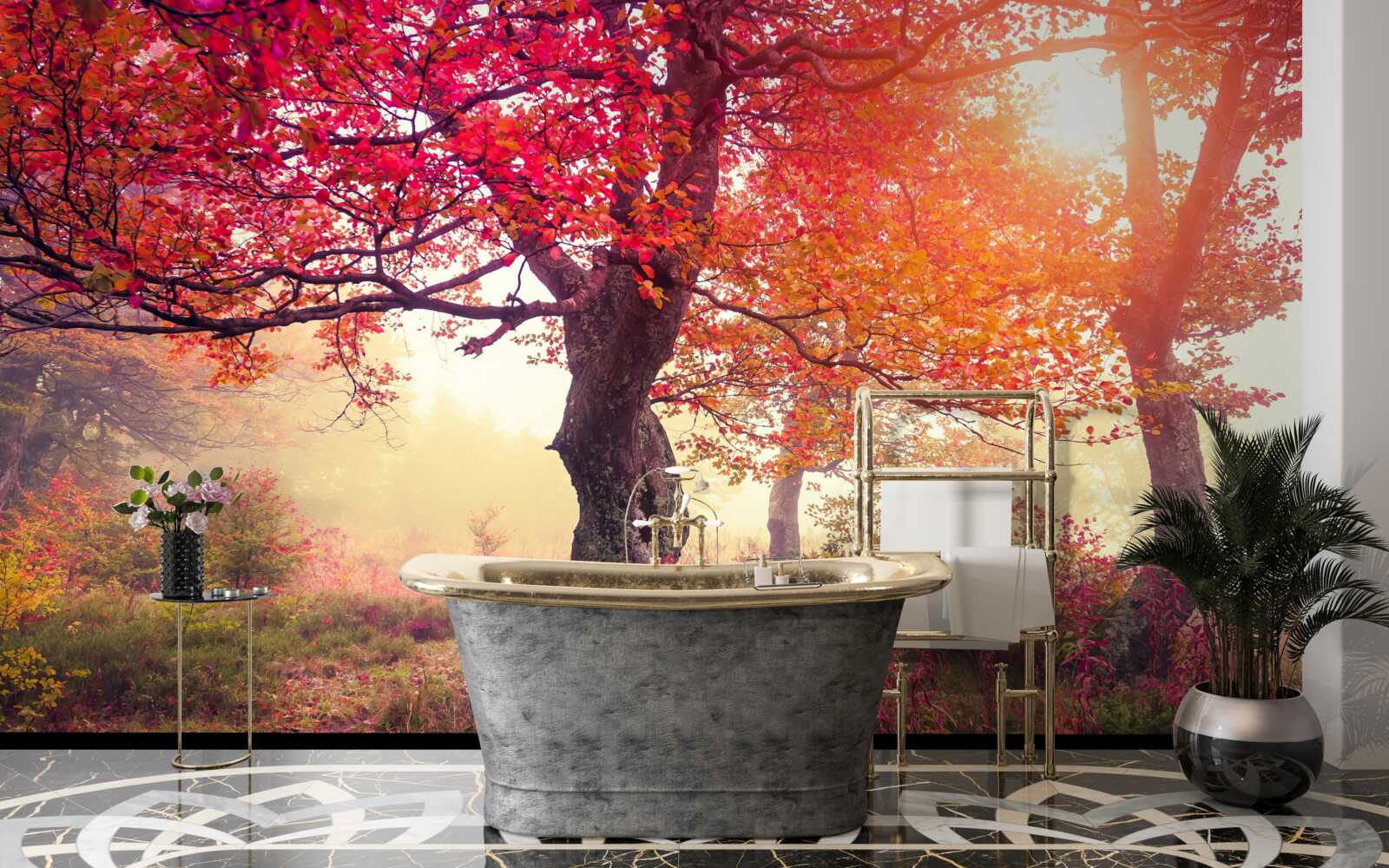 Fototapet copaci înfloriți în mijlocul unei păduri cețoase