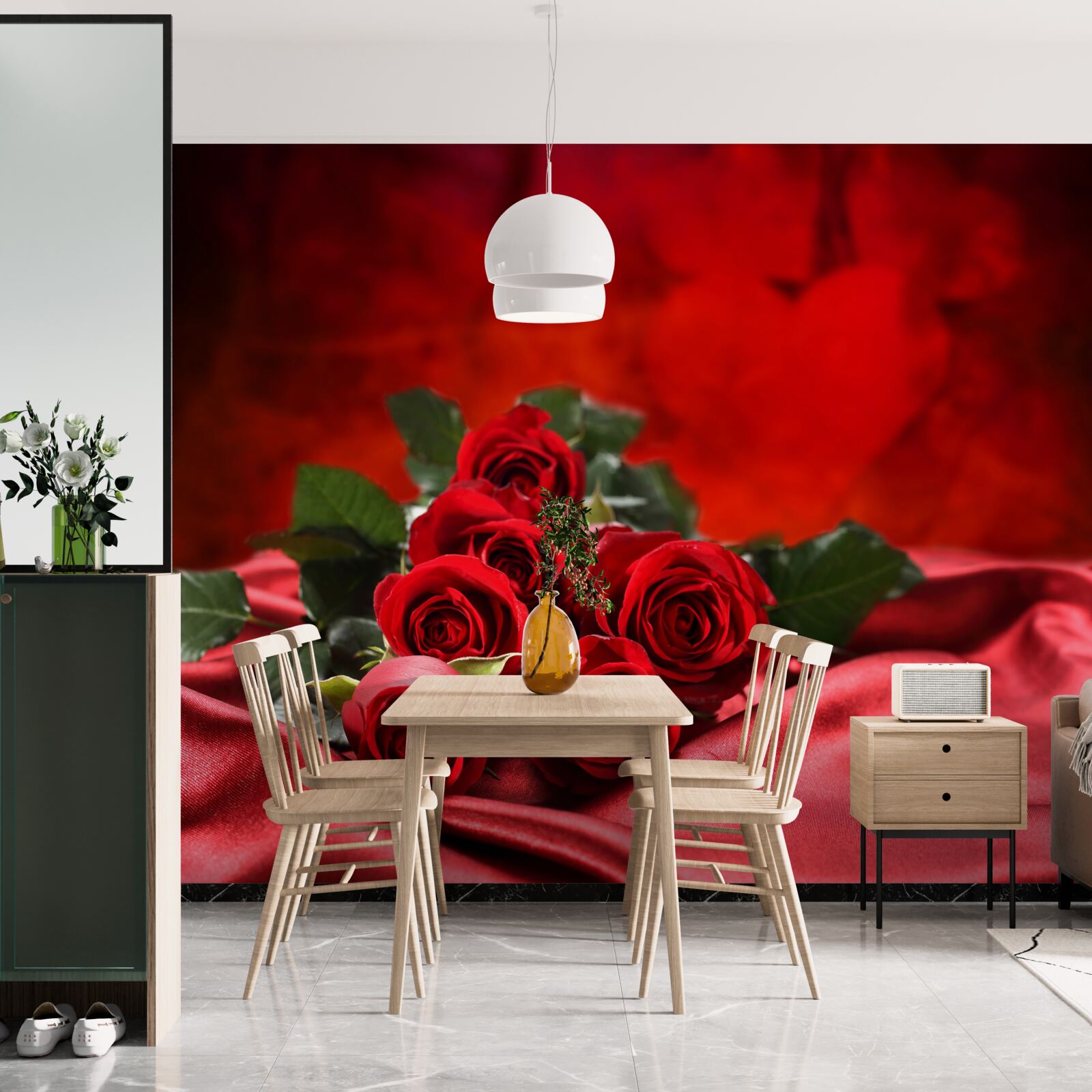 Fototapet trandafiri scarlet pe satin burgundy