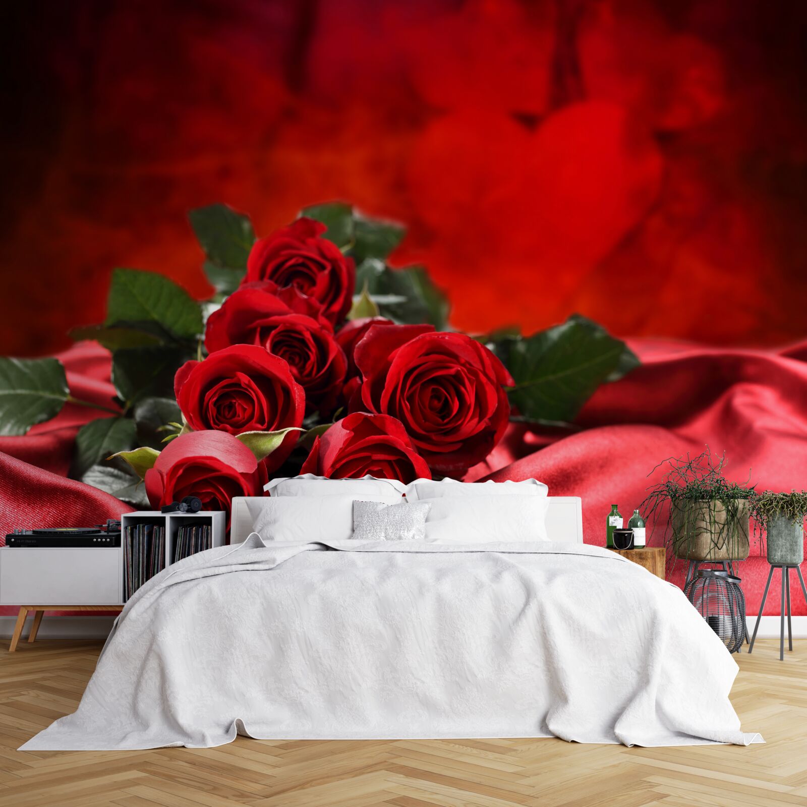 Fototapet trandafiri scarlet pe satin burgundy