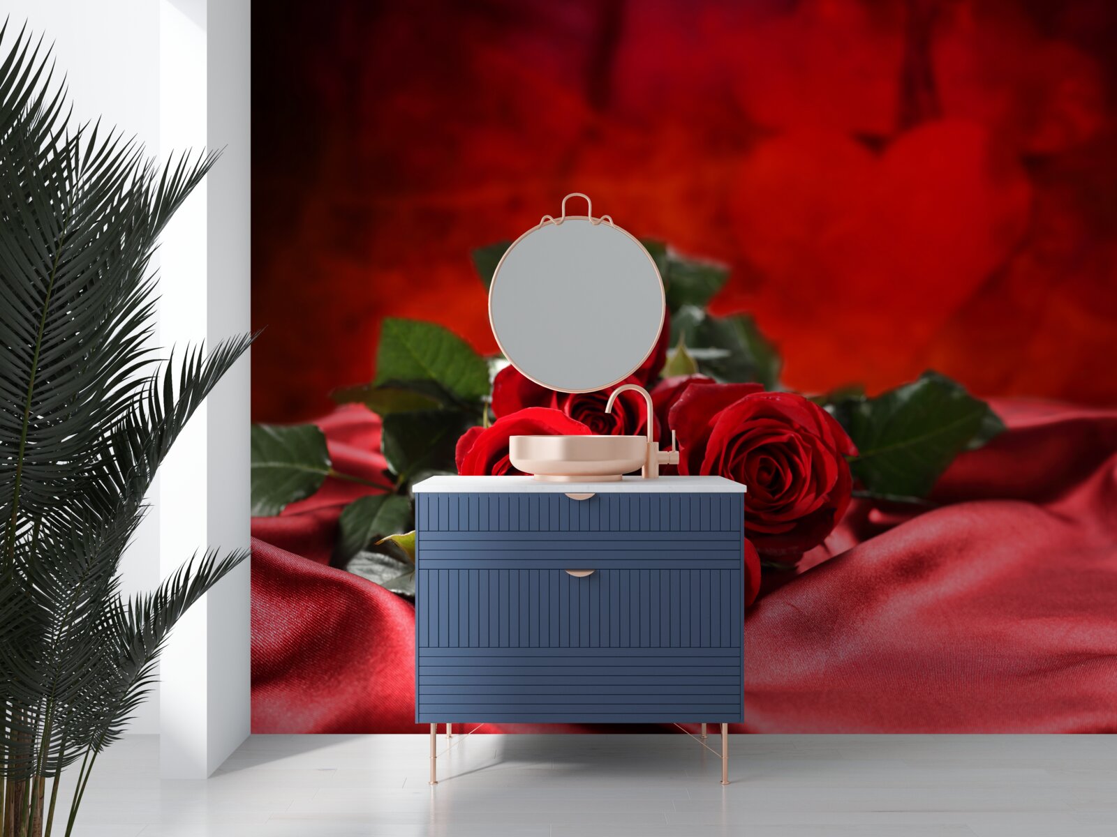 Fototapet trandafiri scarlet pe satin burgundy