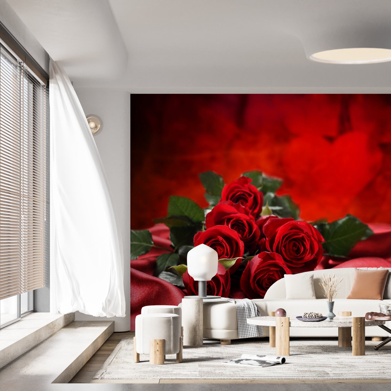 Fototapet trandafiri scarlet pe satin burgundy