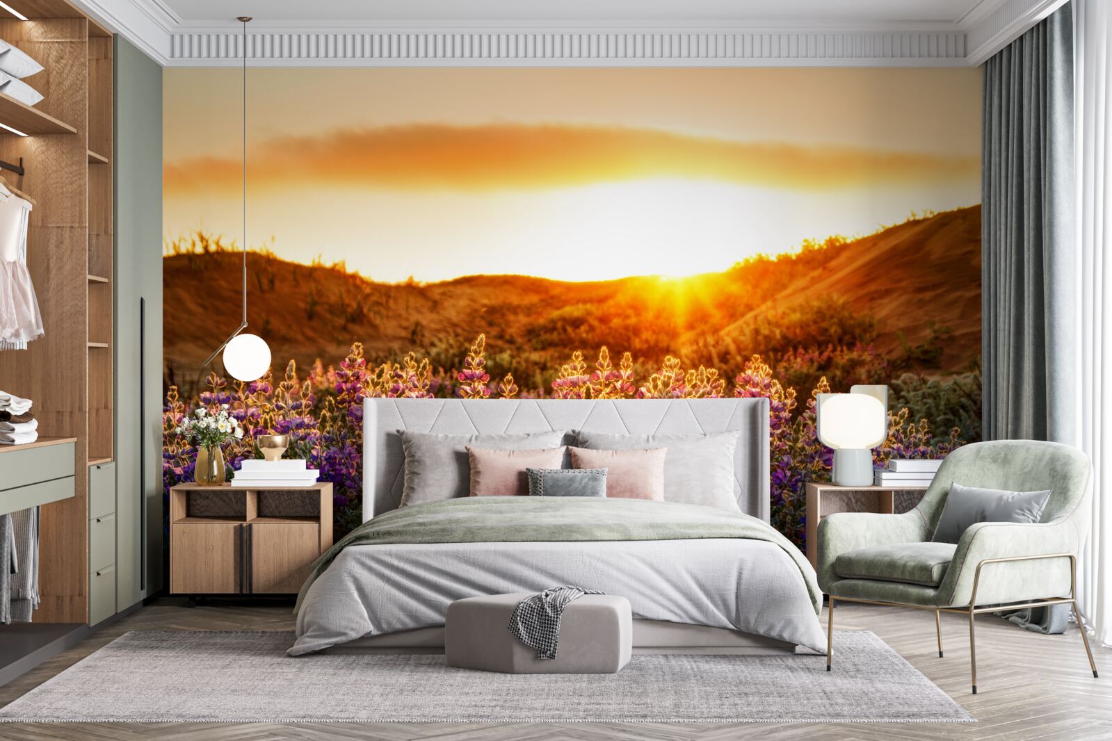 Fototapet Flori de câmp pe un fundal de apus de soare