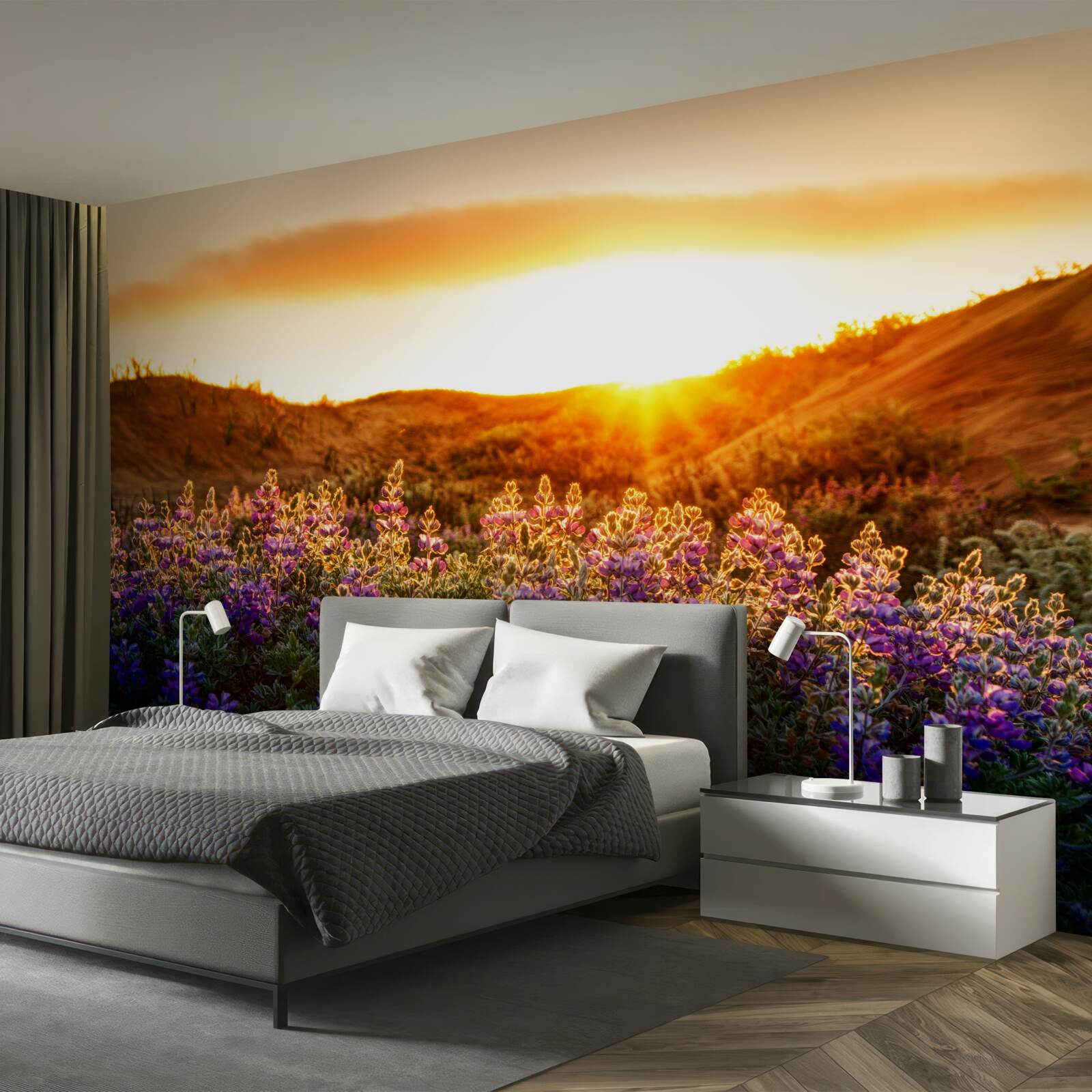 Fototapet Flori de câmp pe un fundal de apus de soare