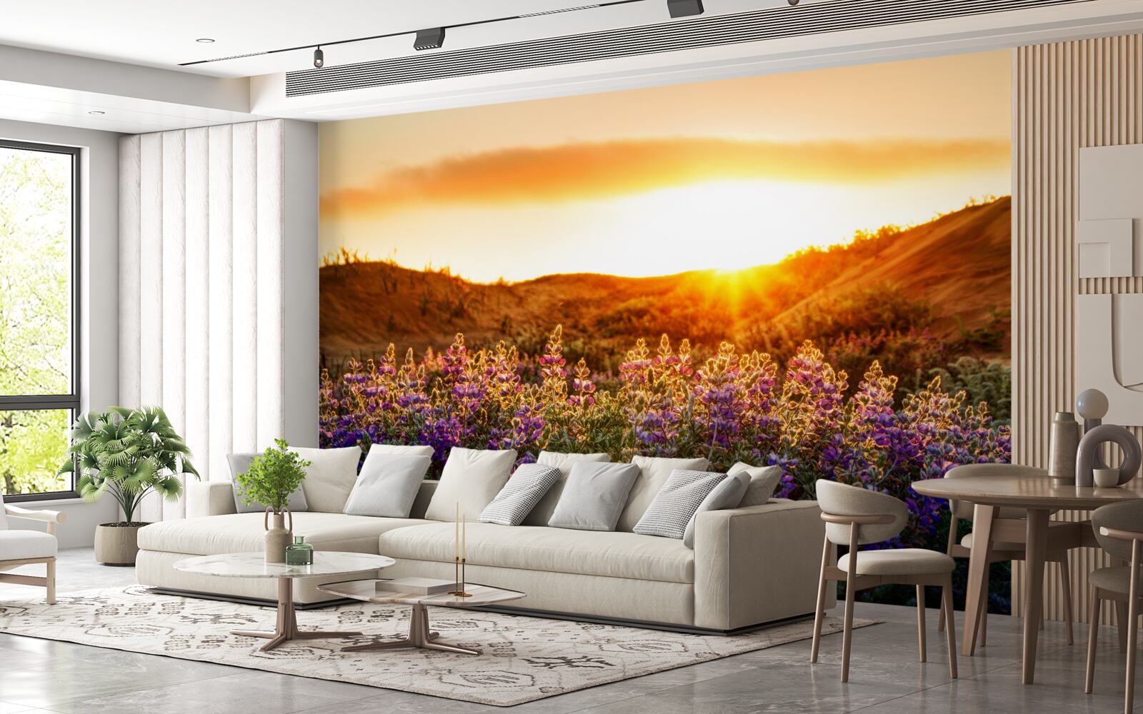 Fototapet Flori de câmp pe un fundal de apus de soare