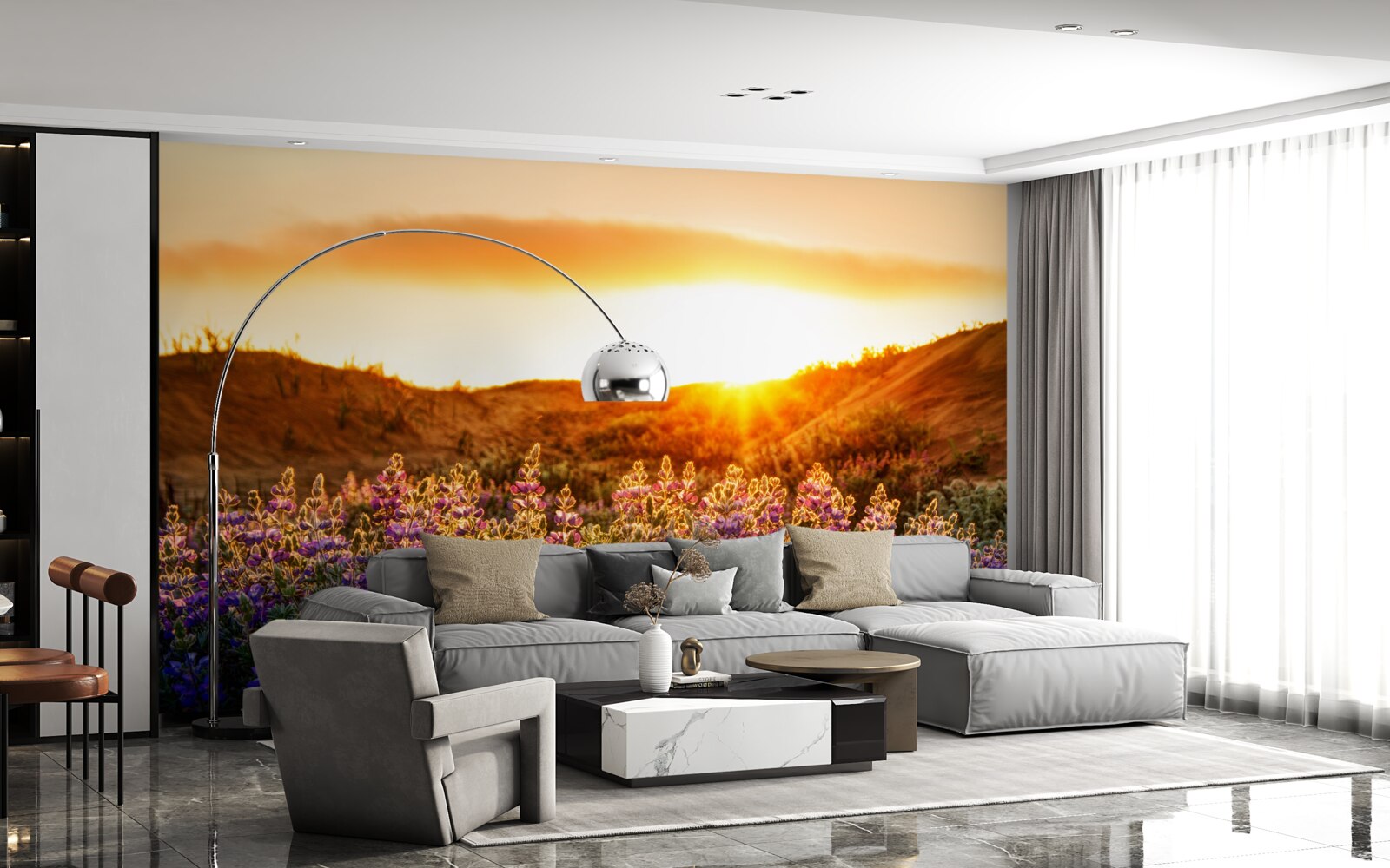 Fototapet Flori de câmp pe un fundal de apus de soare