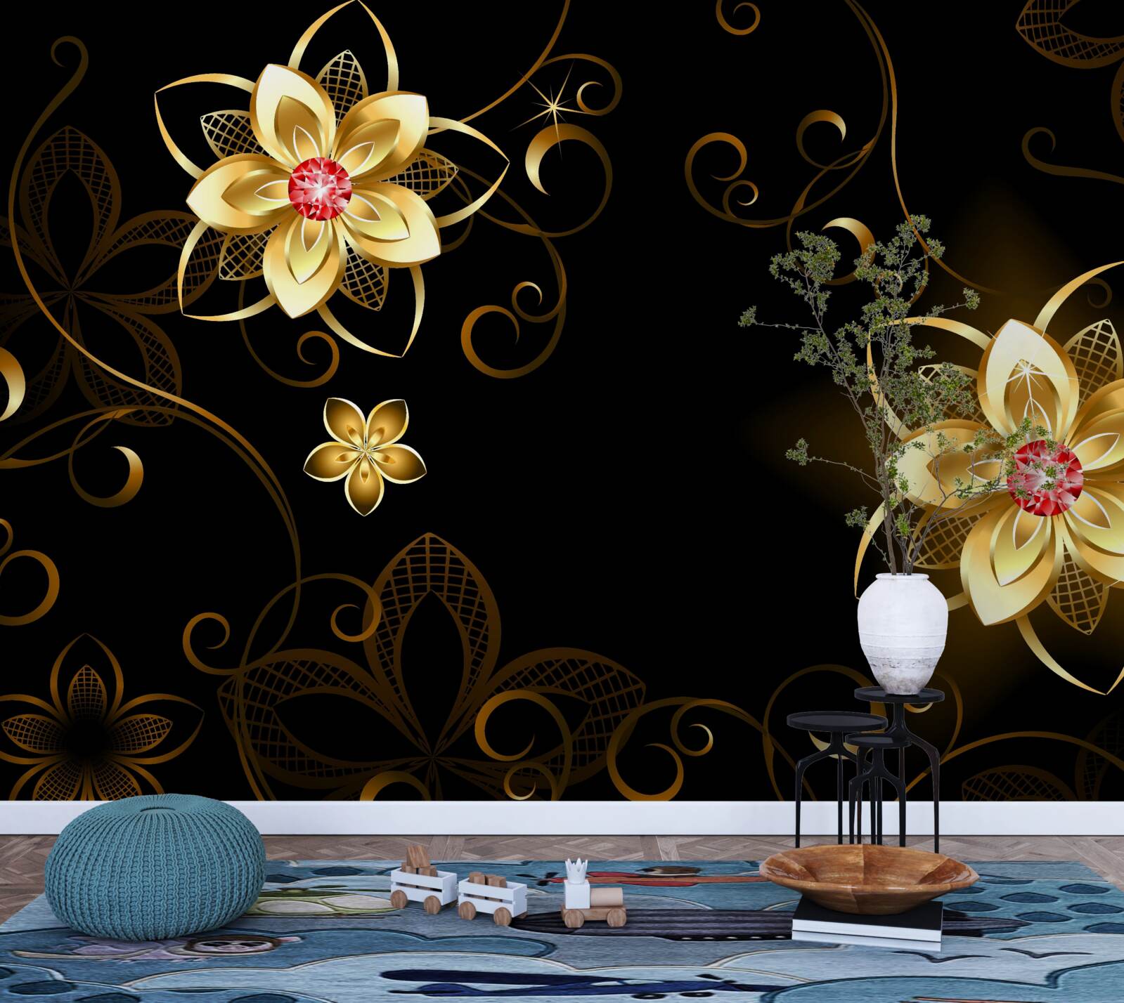 Fototapet flori aurii pe fundal negru