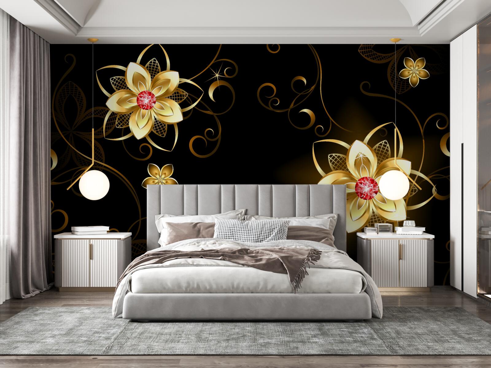 Fototapet flori aurii pe fundal negru