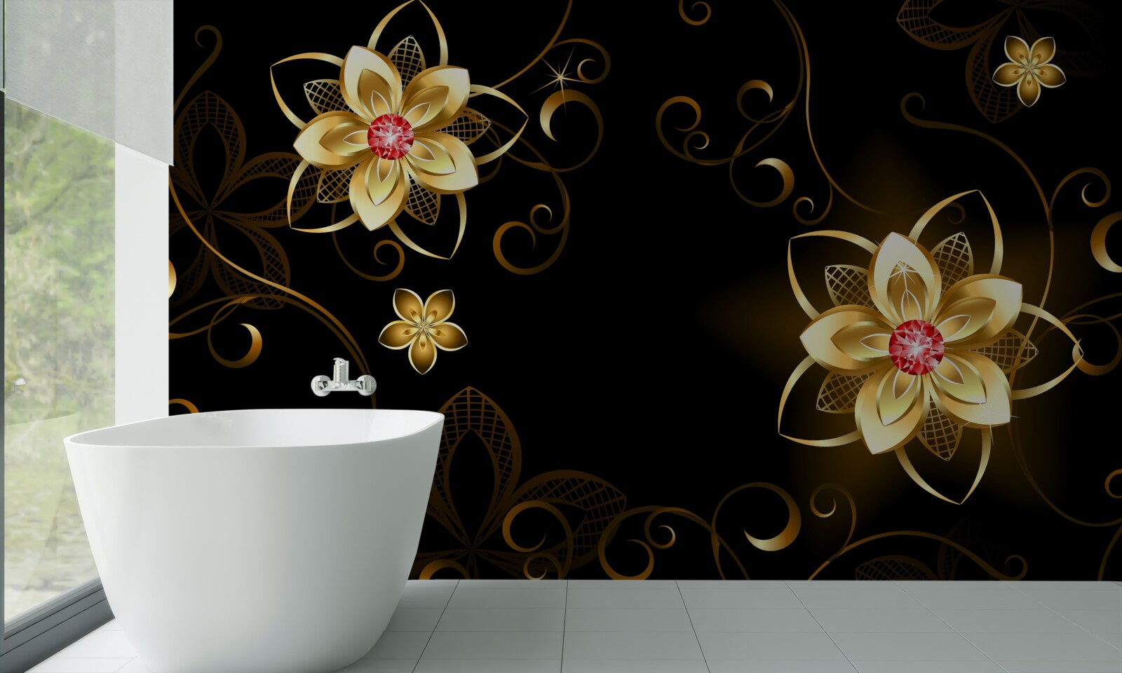 Fototapet flori aurii pe fundal negru