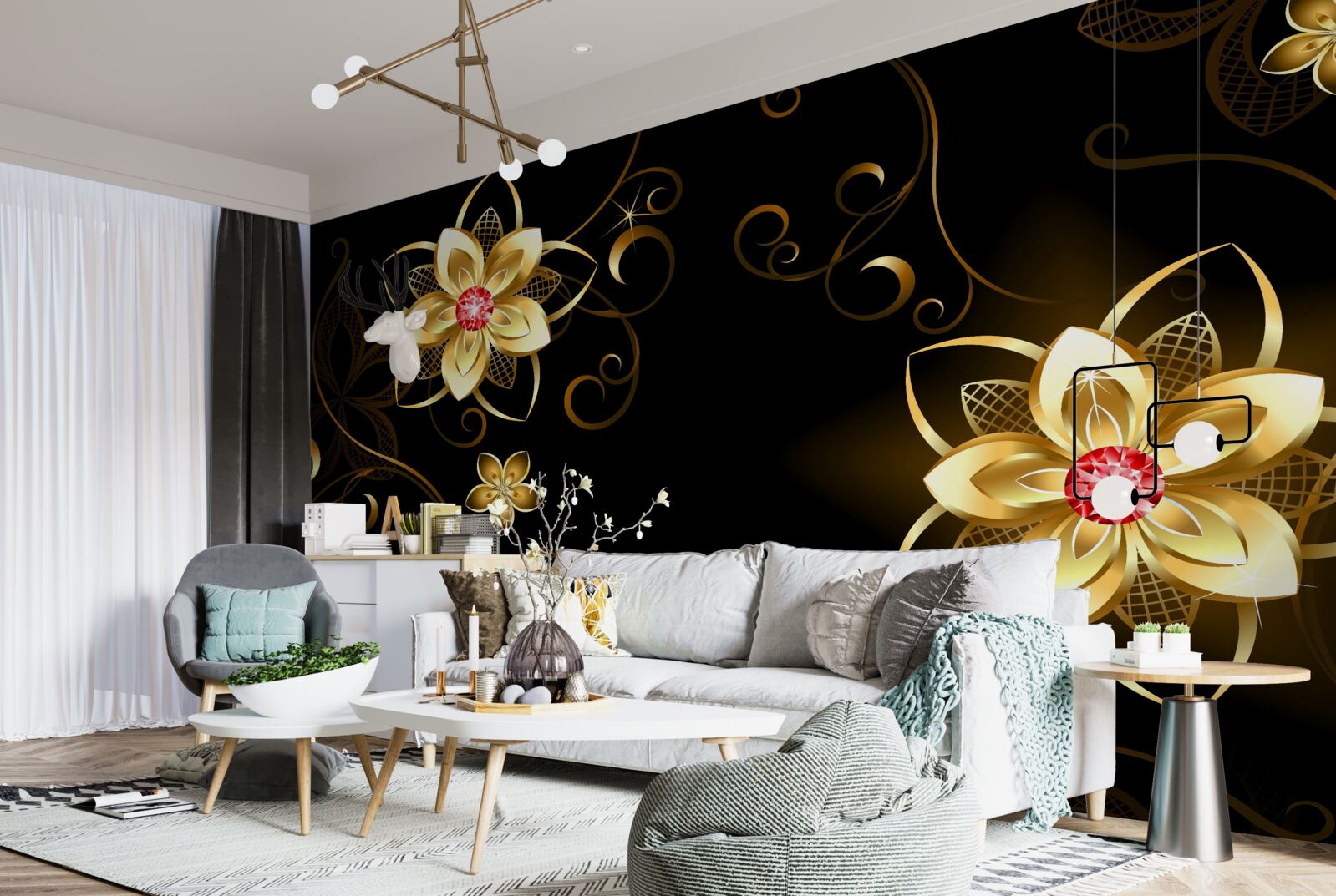 Fototapet flori aurii pe fundal negru