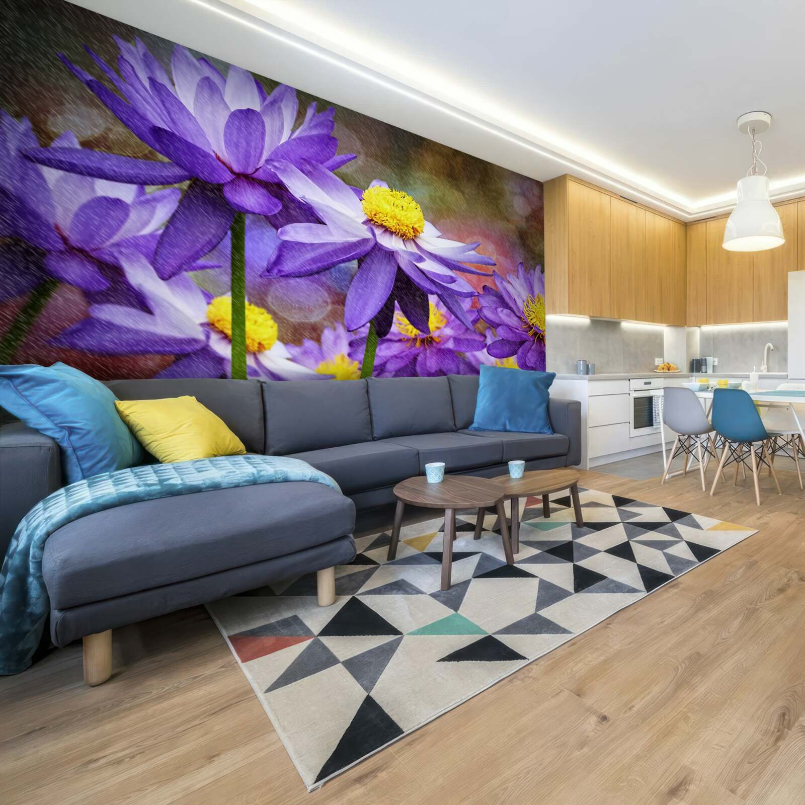 Fototapet flori violete cu centrul galben