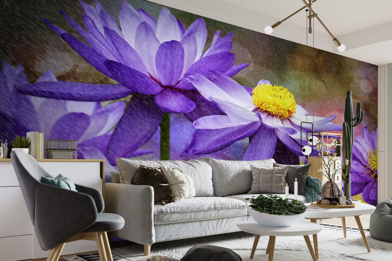 Fototapet flori violete cu centrul galben