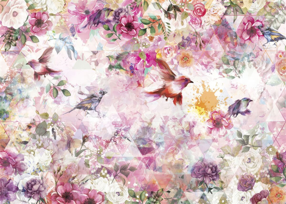 Fototapet fundal cu flori și păsări