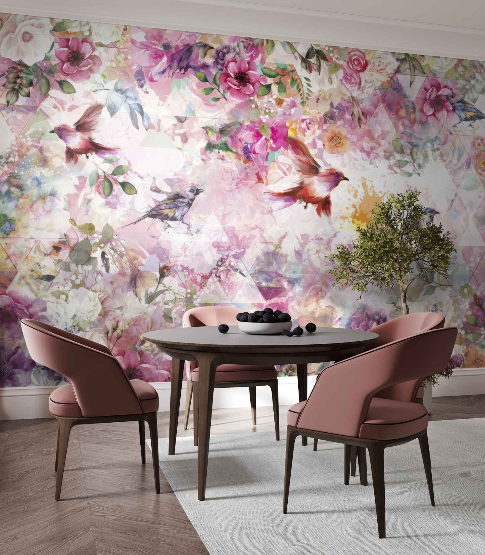 Fototapet fundal cu flori și păsări