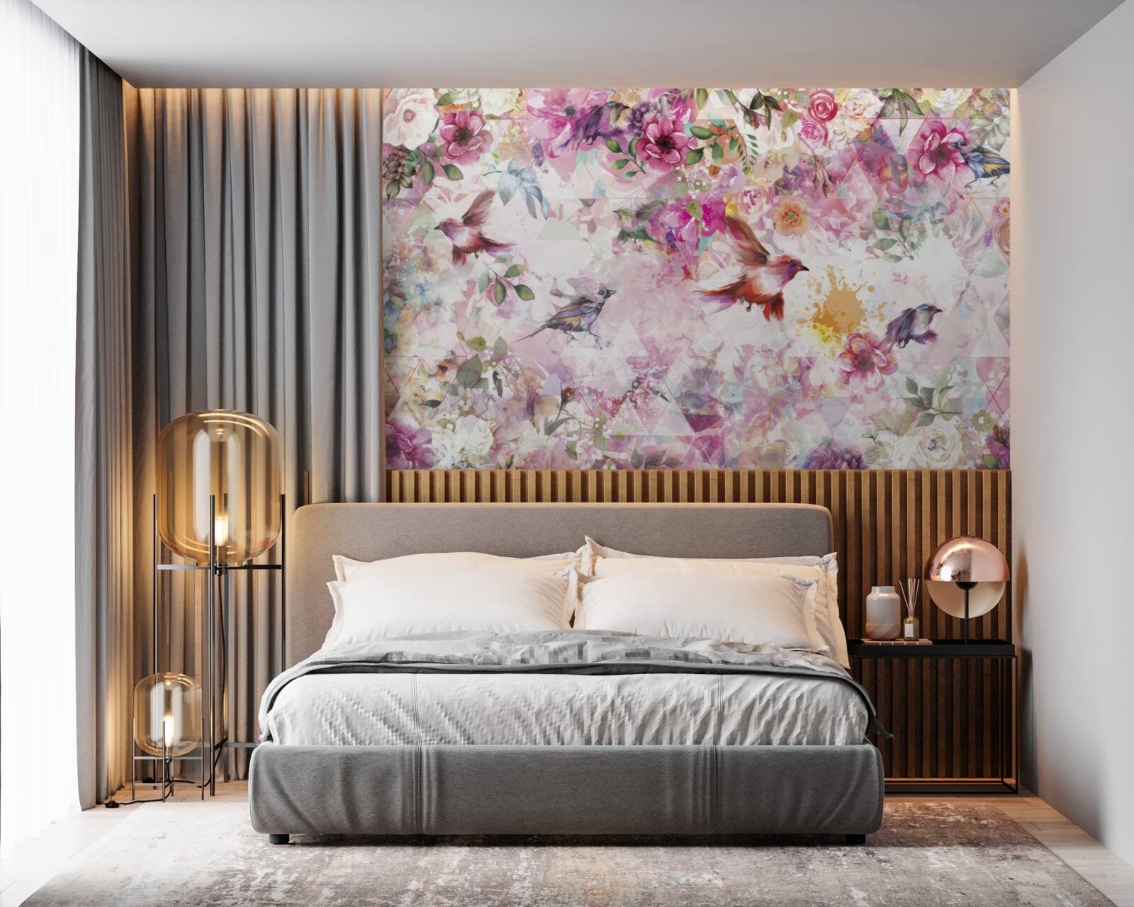 Fototapet fundal cu flori și păsări