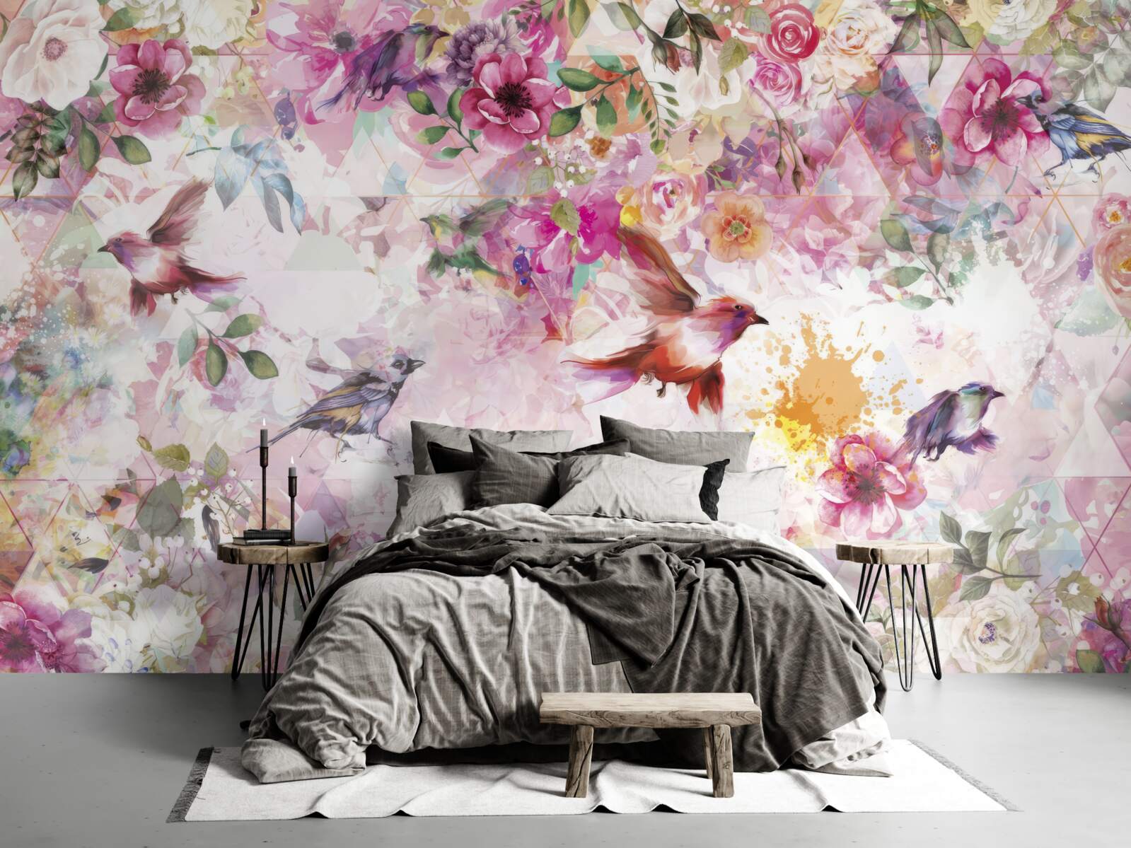 Fototapet fundal cu flori și păsări