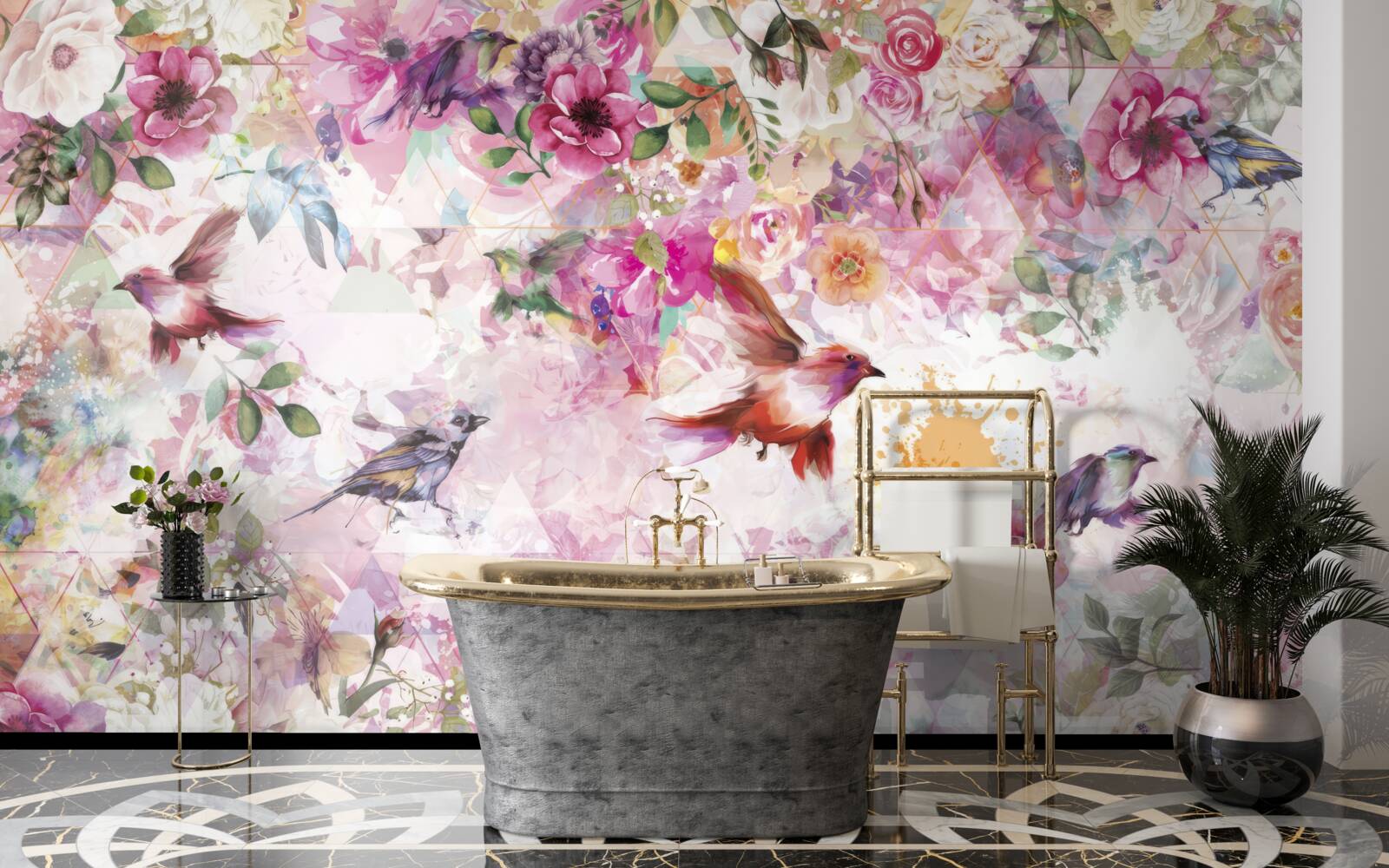 Fototapet fundal cu flori și păsări