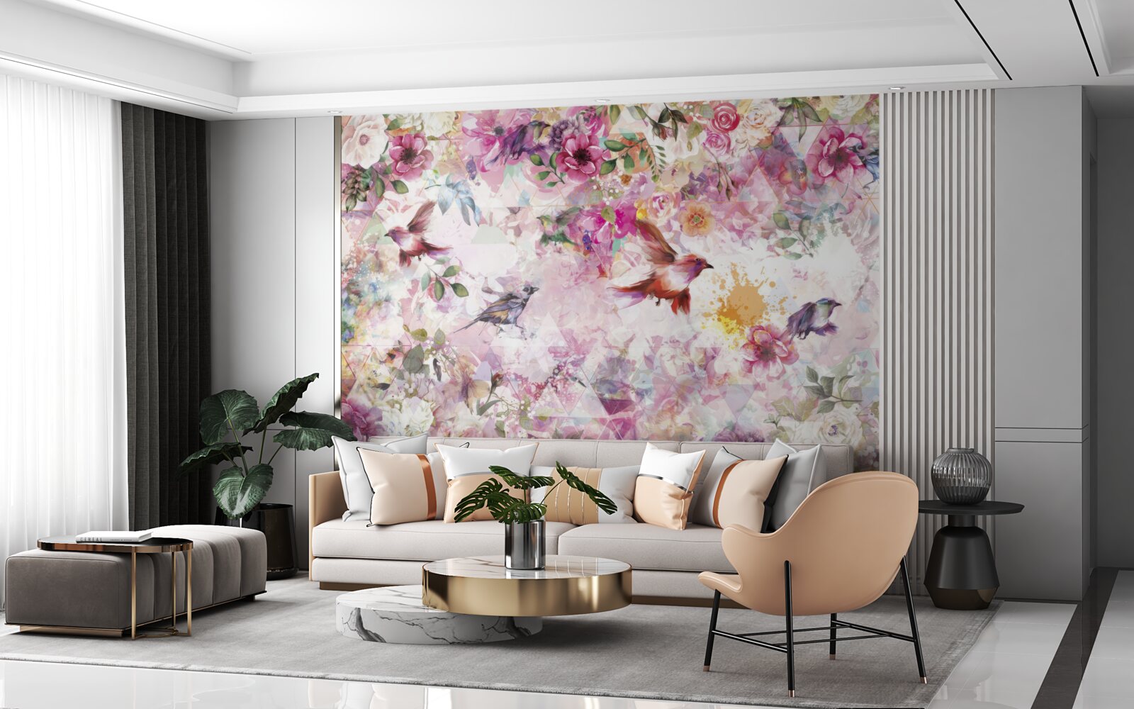 Fototapet fundal cu flori și păsări