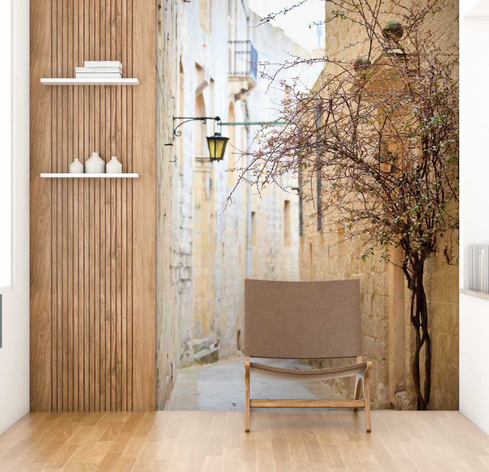 Fototapet pe o stradă îngustă există un om și un copac