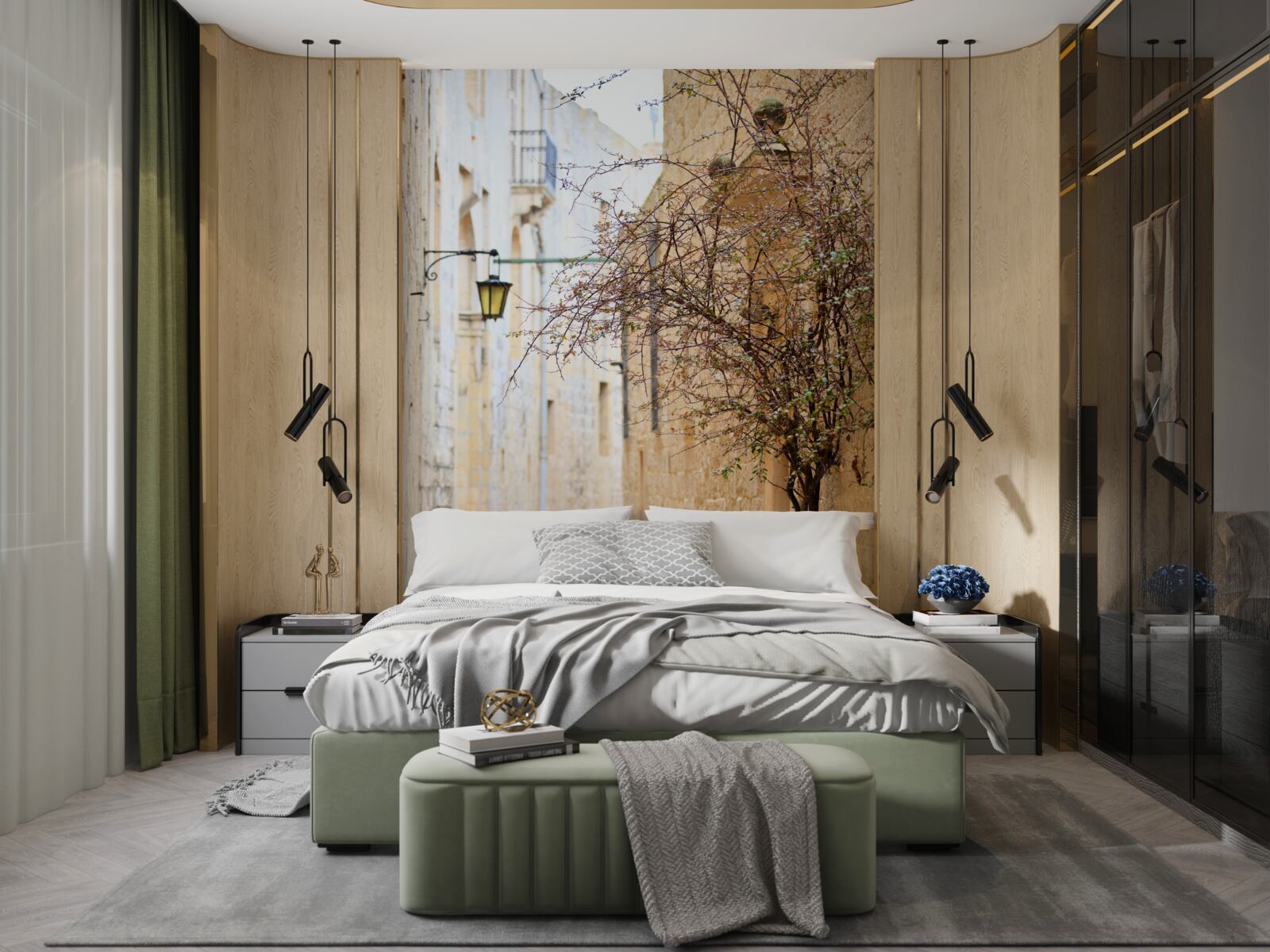 Fototapet pe o stradă îngustă există un om și un copac