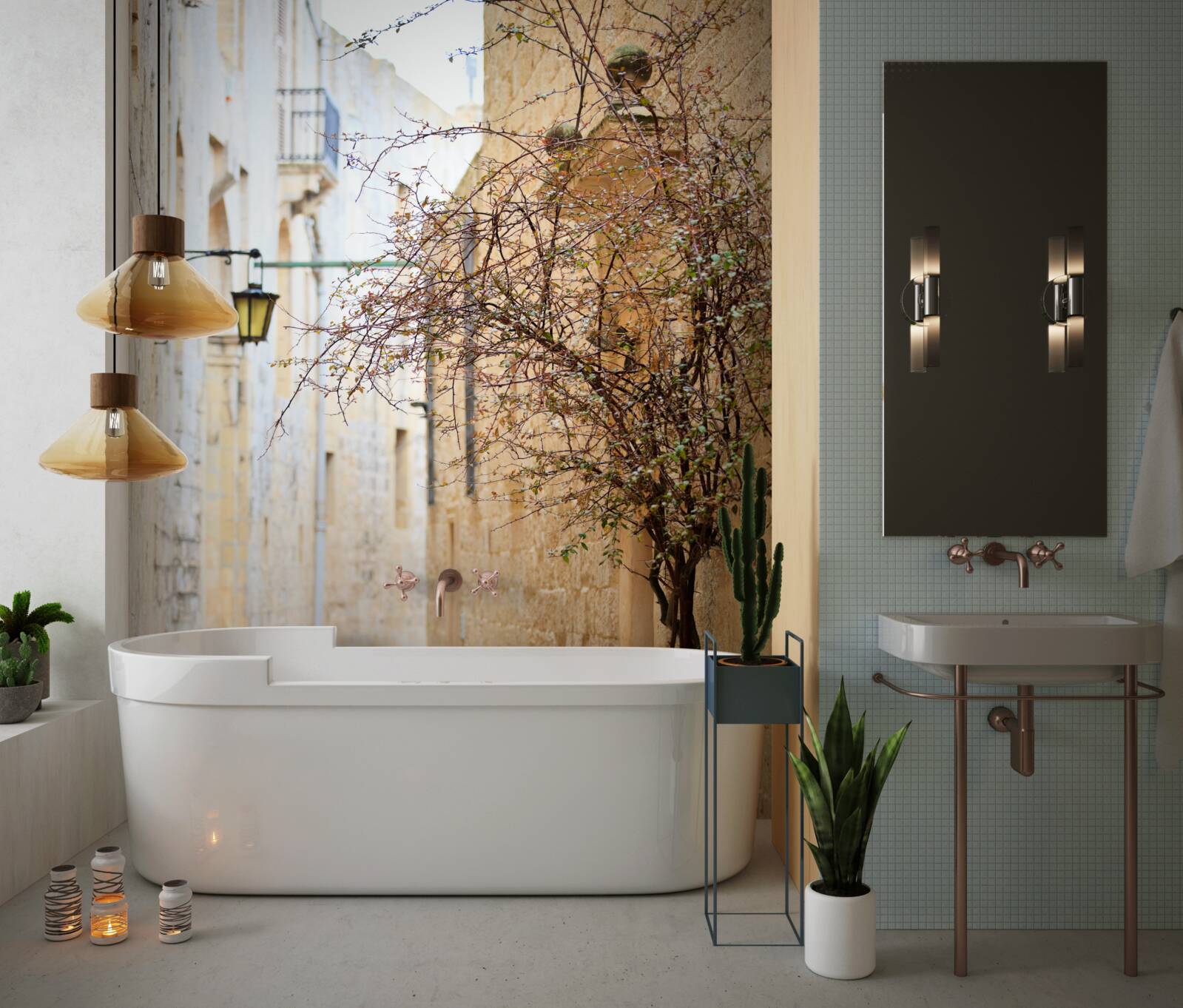 Fototapet pe o stradă îngustă există un om și un copac