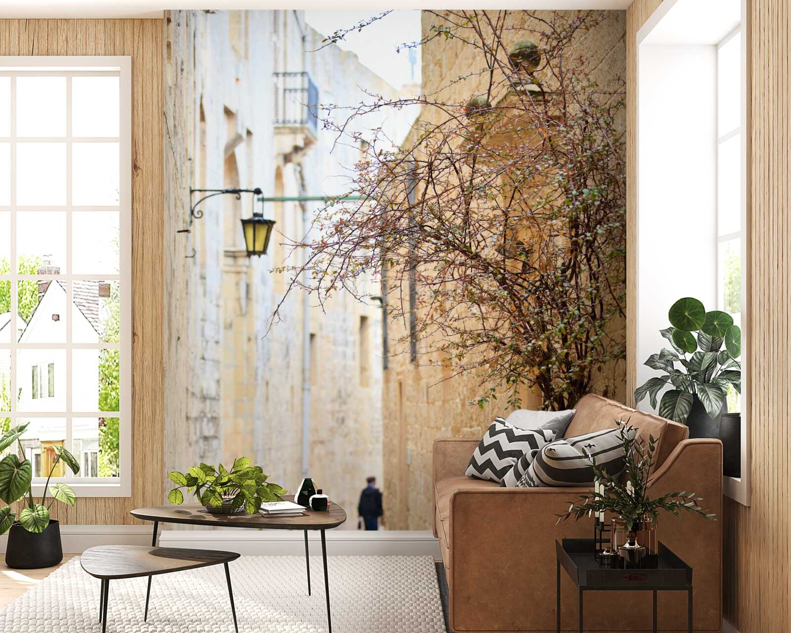 Fototapet pe o stradă îngustă există un om și un copac