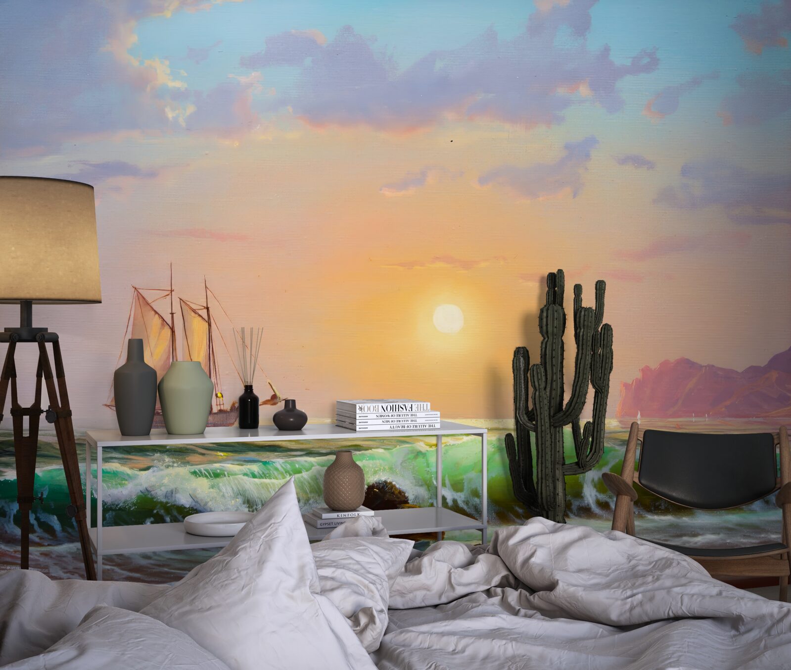 Fototapet nava navighează pe fundalul apusului de soare