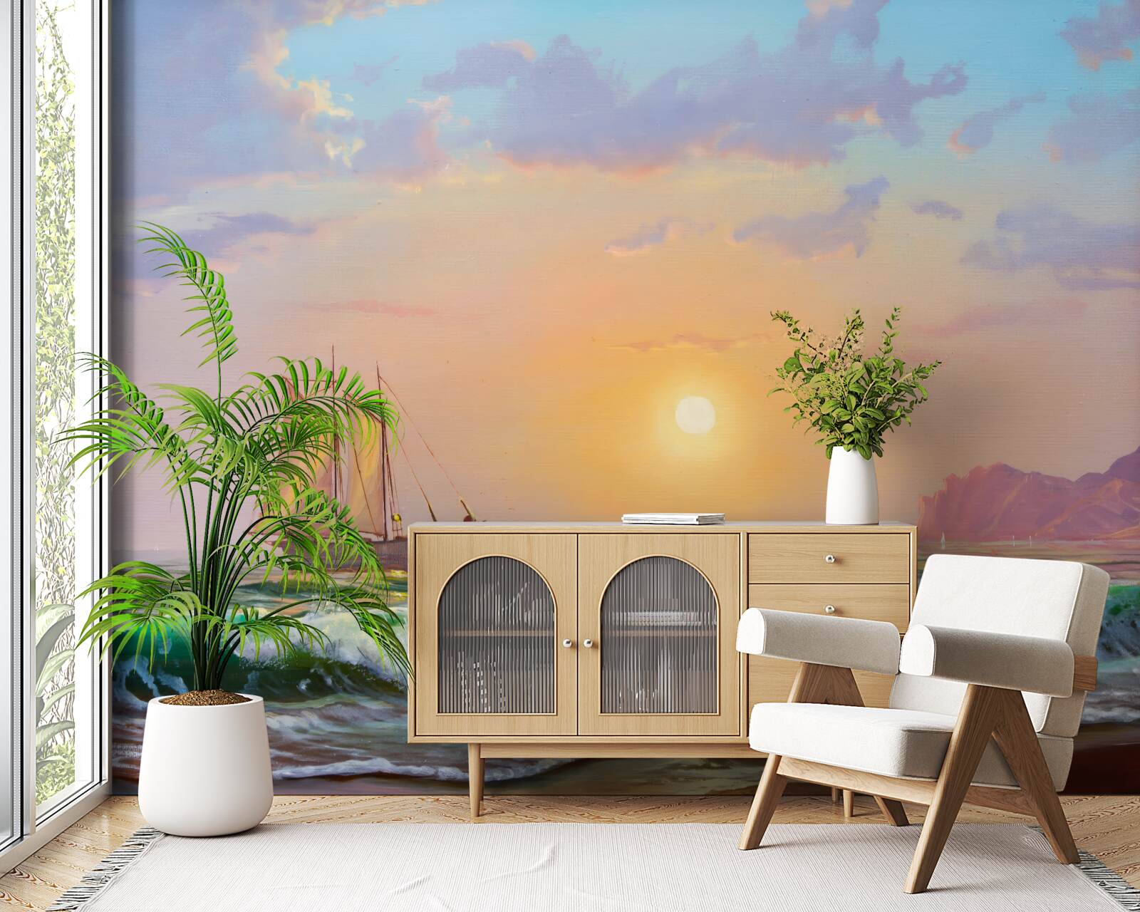 Fototapet nava navighează pe fundalul apusului de soare