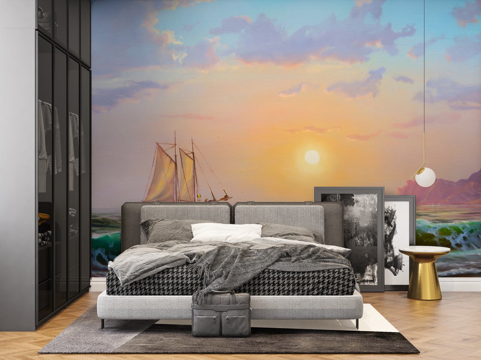 Fototapet nava navighează pe fundalul apusului de soare