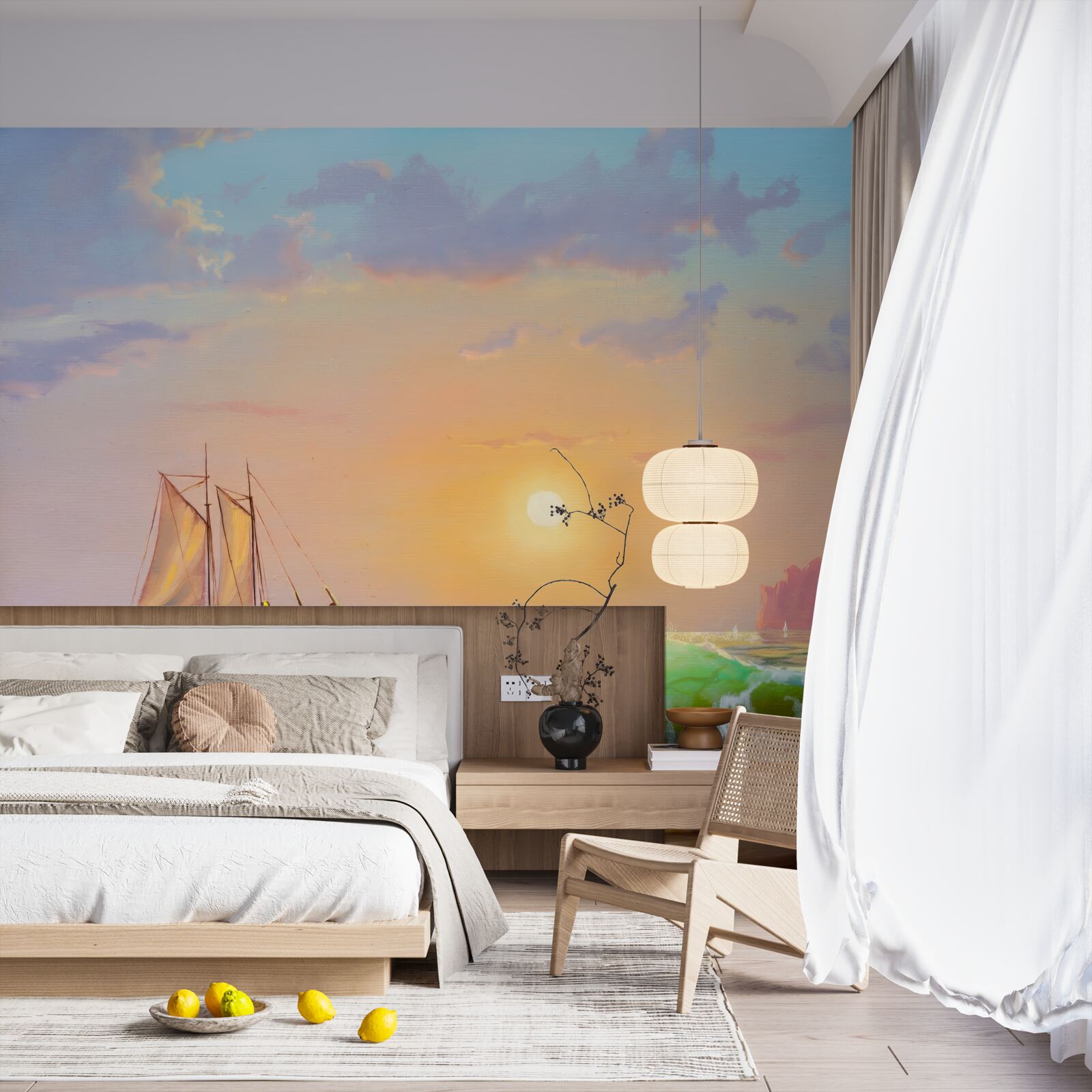 Fototapet nava navighează pe fundalul apusului de soare