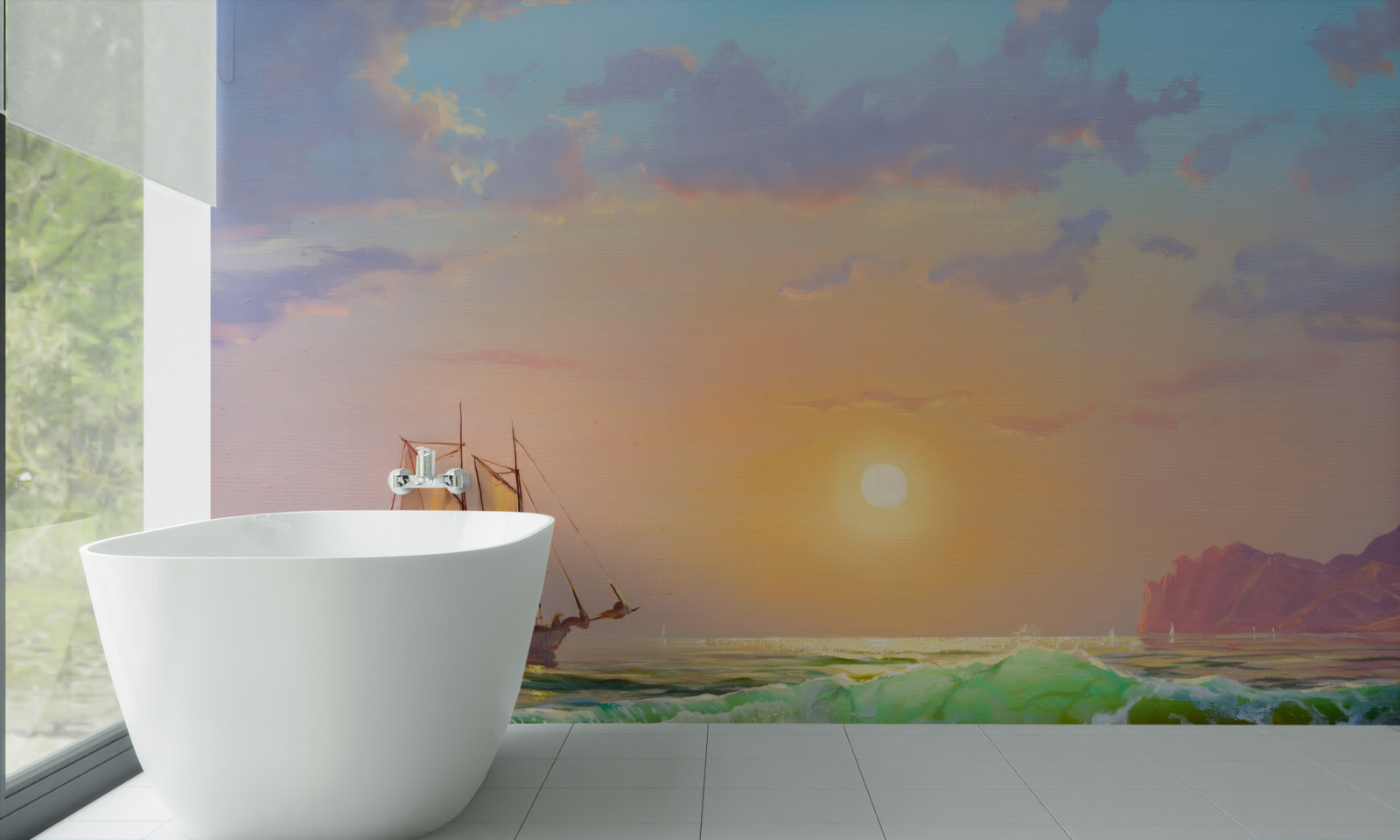 Fototapet nava navighează pe fundalul apusului de soare